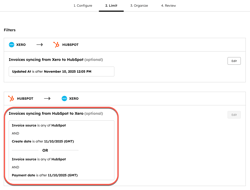 Image of HubSpot to Xero invoice sync filters.