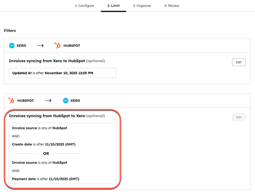 Imagem dos filtros de sincronização de fatura HubSpot para Xero.