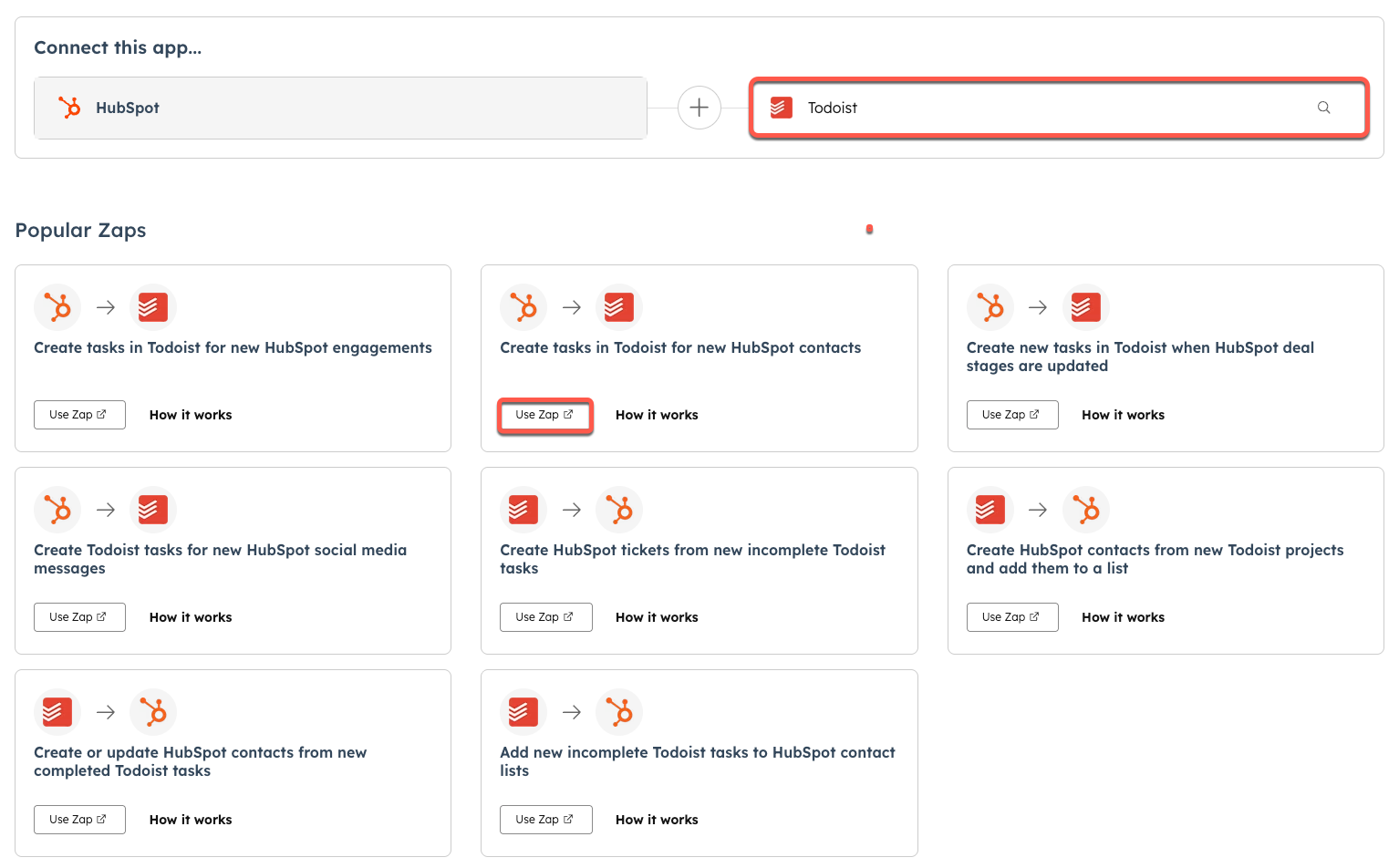 Screenshot showing how to connect another app to HubSpot via Zapier and popular Zaps for that app.