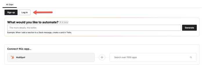 screenshot showing Zapier quick account creation embedded experience in HubSpot