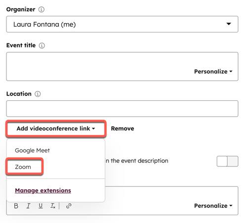 screenshot showing how to add Zoom videoconference link to a meeting scheduling page