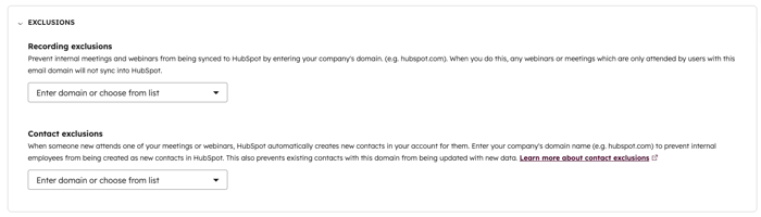 Screenshot showing the Exclusions section under the Global Settings tab of the Zoom app in HubSpot.
