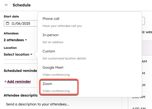 screenshot showing how to add Zoom when scheduling a meeting from a CRM record