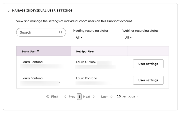 Screenshot showing how to manage Zoom webinar settings for individual users in HubSpot. 