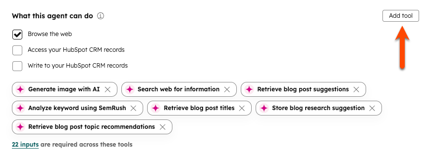 Breeze Studioの[このエージェントがアクセスできる情報]セクションにある[ツールの追加]ボタンを示すスクリーンショット。