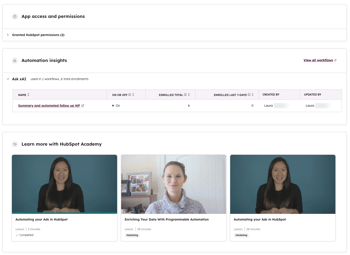 screenshot showing app permissions and HubSpot academy videos on app-specific overview in HubSpot