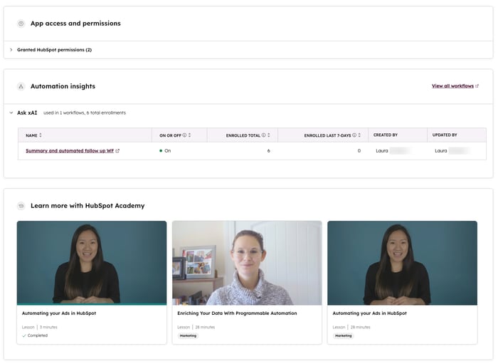 screenshot showing app permissions and HubSpot academy videos on app-specific overview in HubSpot