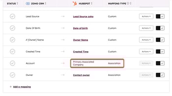 Screenshot showing the default association for companies in a contact sync of a data sync app in HubSpot.