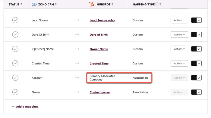 Screenshot showing the default association for companies in a contact sync of a data sync app in HubSpot.