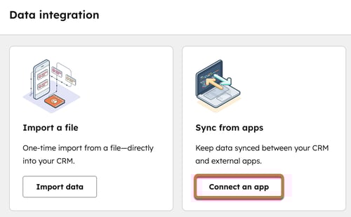 Data integration options, highlighting the "sync an app" button to sync data between HubSpot and other apps.