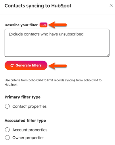 Screenshot showing the "Describe your filter" box where users can describe their filter in plain language. 