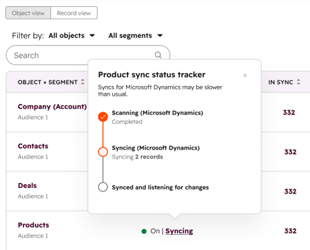 Screenshot showing the sync status tracker for an integration using data sync in HubSpot.