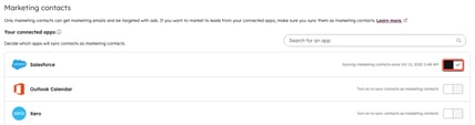 Screenshot showing the toggle for an app to sync contacts as marketing contacts in HubSpot.