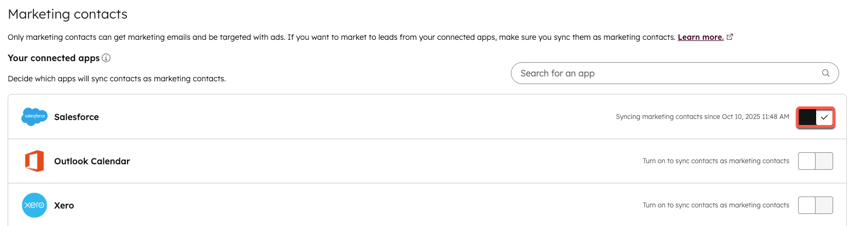 Screenshot showing the toggle for an app to sync contacts as marketing contacts in HubSpot.