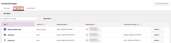 Screenshot showing the Apps tab for connected apps.