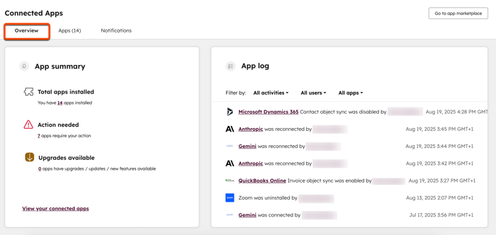 Screenshot showing the Overview tab of Connected Apps with the App summary and App log sections.