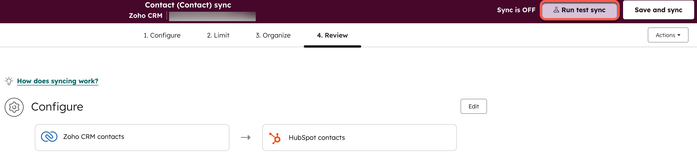 Screenshot showing how to start a test sync, highlighting the button "Run test sync"