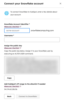 screenshot showing the dialog window to connected Snowflake and HubSpot.