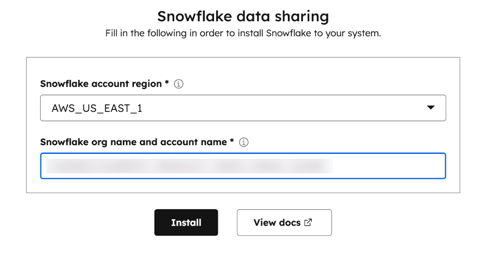 Snowflakeアカウントのリージョンとアカウント名を選択するためのSnowflakeデータ共有ページを示すスクリーンショット。