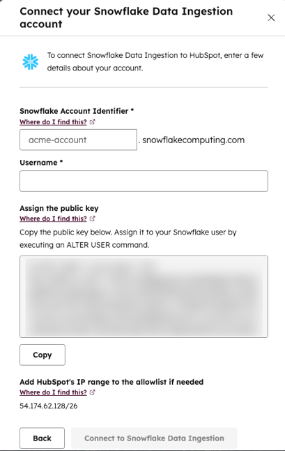 screenshot showing the dialog window to connected Snowflake and HubSpot. 