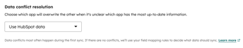 Screenshot showing the Data conflict resolution section when setting up a sync for custom objects.