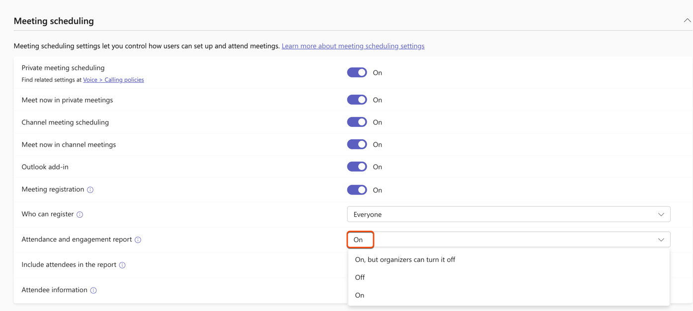 Screenshot showing the MS Teams admin center and the option to turn on attendance and engagement reports.