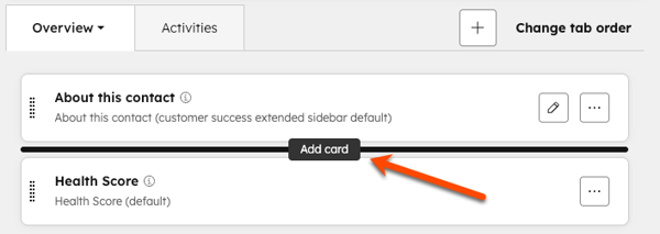 The preview sidebar editor, displaying two cards. The Add card button between the two cards is highlighted.