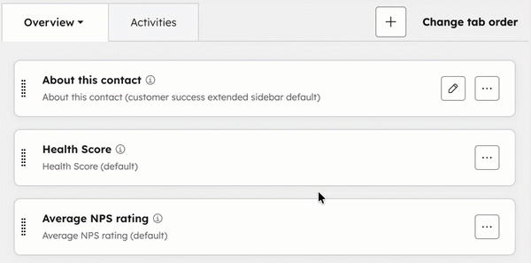 A GIF of the preview sidebar editor, demonstrating how cards can be dragged into different order in the tab.