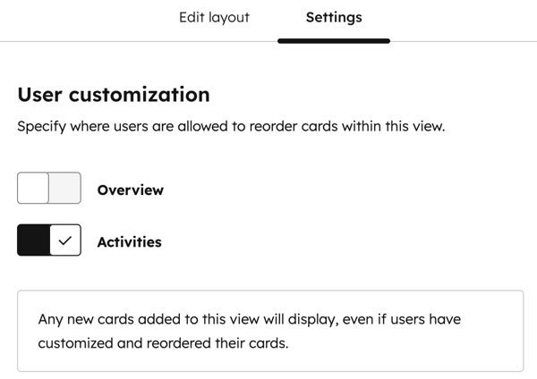 The Settings tab in the preview sidebar editor. The switch to allow user customization of the Overview tab is off and the switch to allow user customization of the Activities tab is on.