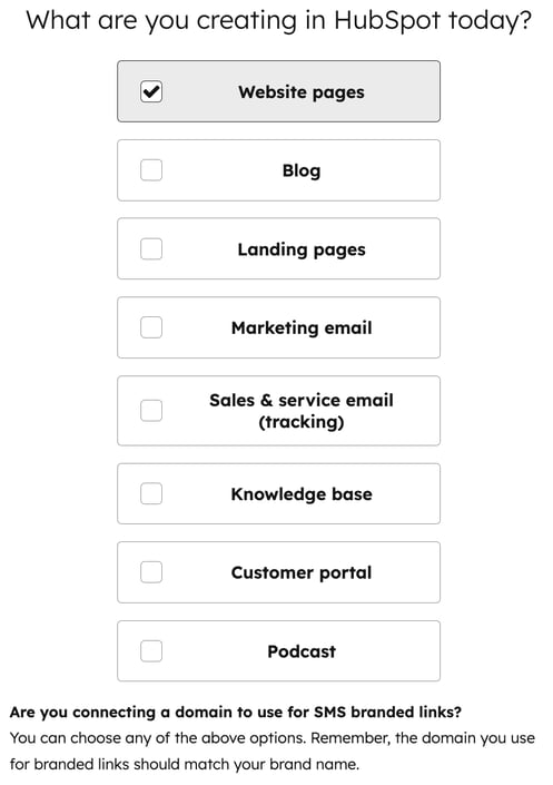 Content type selector when connecting a domain. "Website pages" is selected.