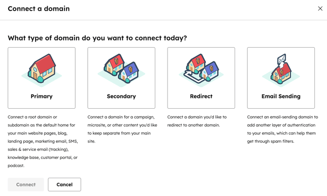 Pop-up window with options to select the type of domain to connect. Options are "Primary," "Secondary," "Redirect," and "Email Sending."