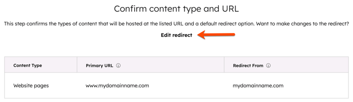 Domain connection review screen, with arrow highlighting the "Edit redirect" link.