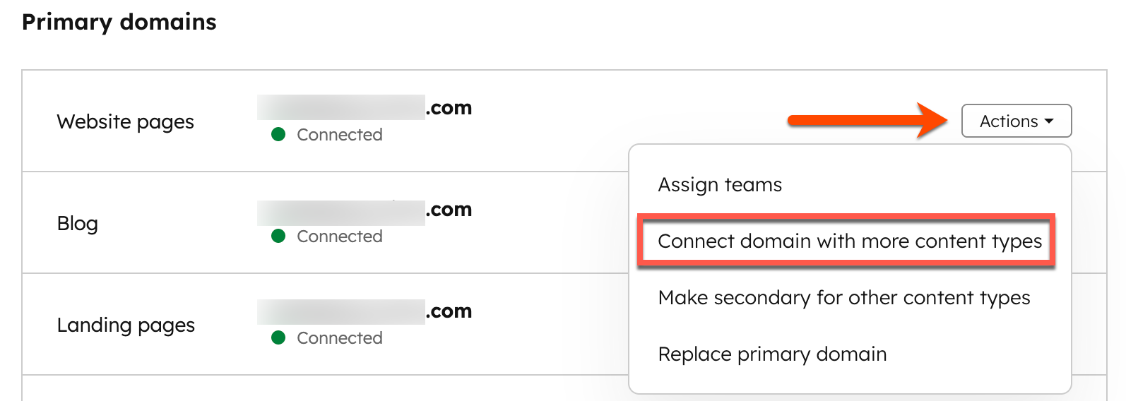 Connected domain record showing the "Actions" button and "Connect domain with more content types" option highlighted.