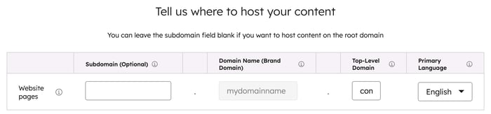 The "Tell us where to host your content" screen for connecting a domain. Textbox options include "Subdomain (Optional)" and "Top-Level Domain."