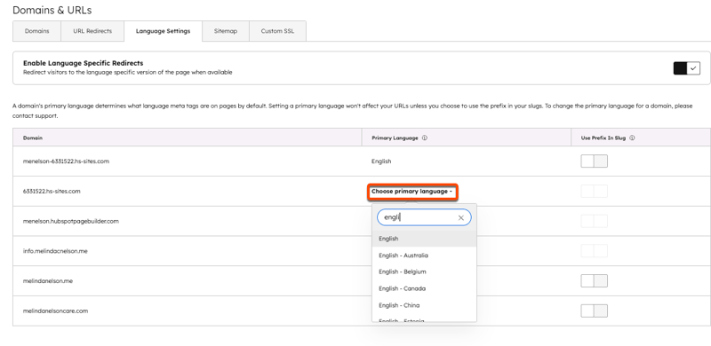 A screenshot showing the choose primary language dropdown menu.