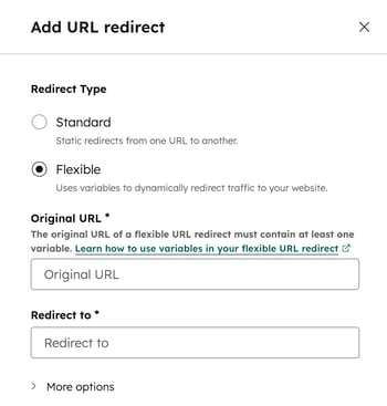 In the Domains &amp; URL settings, the right panel is displayed to add a flexible pattern redirect.