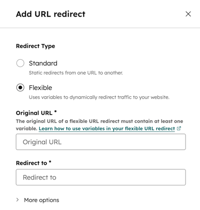 In the Domains &amp; URL settings, the right panel is displayed to add a flexible pattern redirect.