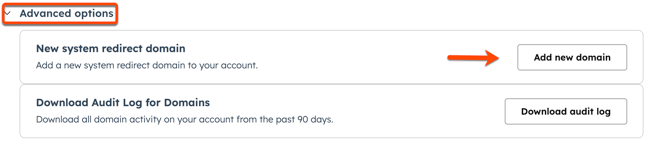 On the Domains and URLs settings page, a box is around the Advanced options, showing the section is expanded. An arrow is pointing to the Add new domain button.