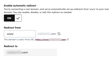 The domain connection page is displayed with automatic redirect details. A toggle switch is visible for enabling automatic redirect. A text input box for 'Redirect from' contains 'www'. The last field is 'Redirect to'.
