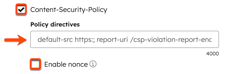 On the Security headers tab, a box is placed around the Content-Security-Policy checkbox. An arrow points to the Policy directives text input field. Followed below by a box placed around the Enable nonce checkbox.