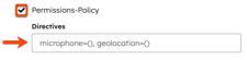 On the Security headers tab, a box is placed around the Permissions-Policy checkbox. An arrow points to the Directives text input field.