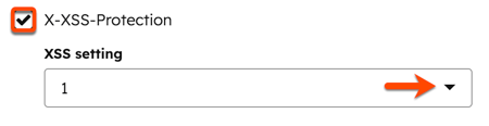En la pestaña Cabeceras de seguridad, se coloca una casilla alrededor de la casilla de verificación Protección X-XSS. Una flecha señala el menú desplegable Ajuste XSS para seleccionar una opción (por ejemplo, 0, 1 o 1; mode=block).
