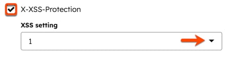 En la pestaña Cabeceras de seguridad, se coloca una casilla alrededor de la casilla de verificación Protección X-XSS. Una flecha señala el menú desplegable Ajuste XSS para seleccionar una opción (por ejemplo, 0, 1 o 1; mode=block).