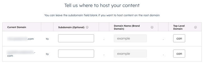 On the replace brand domain page, for the verify domains step, a table is displayed with columns including Current domain, Subdomain (optional), Domain Name (Brand Domain) and Top-level Domain. In the Subdomain (optional) column two blank text input fields are visible to specify a subdomain.