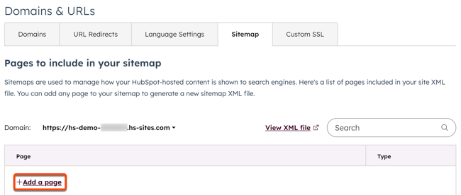 The domains and urls settings are displayed with the Sitemap tab selected. A box is placed around Add a page in the Page table.