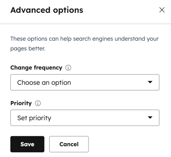 An advanced options dialog box is displayed with a change frequency dropdown menu and a priority dropdown menu. A save button is visible in the bottom left.