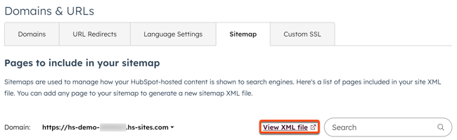 The domain and url settings are displayed with the Sitemap tab selection. A box is placed around View XML file.
