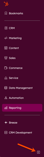 screenshot showing the left sidebar menu in HubSpot.