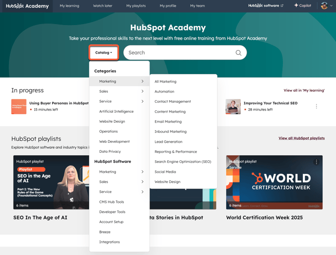 Página de inicio de HubSpot Academy, mostrando cómo buscar cursos por categoría.