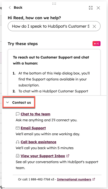 Screenshot showing contact options for HubSpot Support
